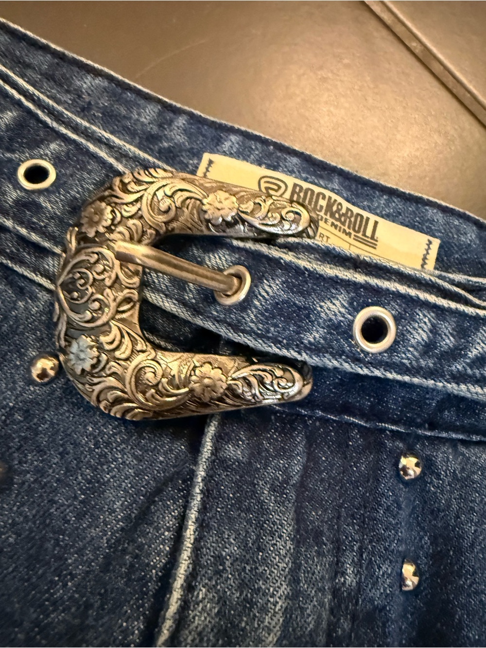 Rock & Roll Cowgirl Dark Blue Denim Mini Skirt with Decorative Buckle